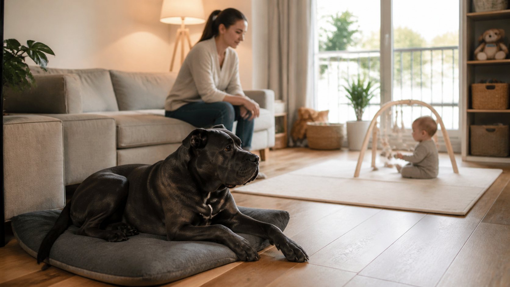 Cane Corso couché sur son tapis pendant qu’un bébé joue dans le salon