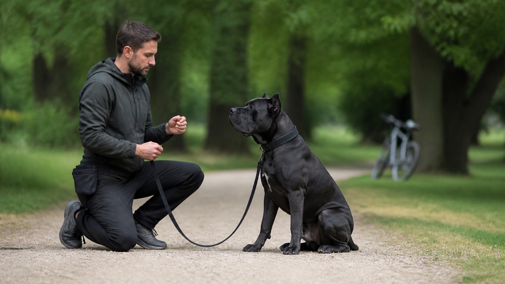Exercices de calme avec un Cane Corso tenu en laisse
