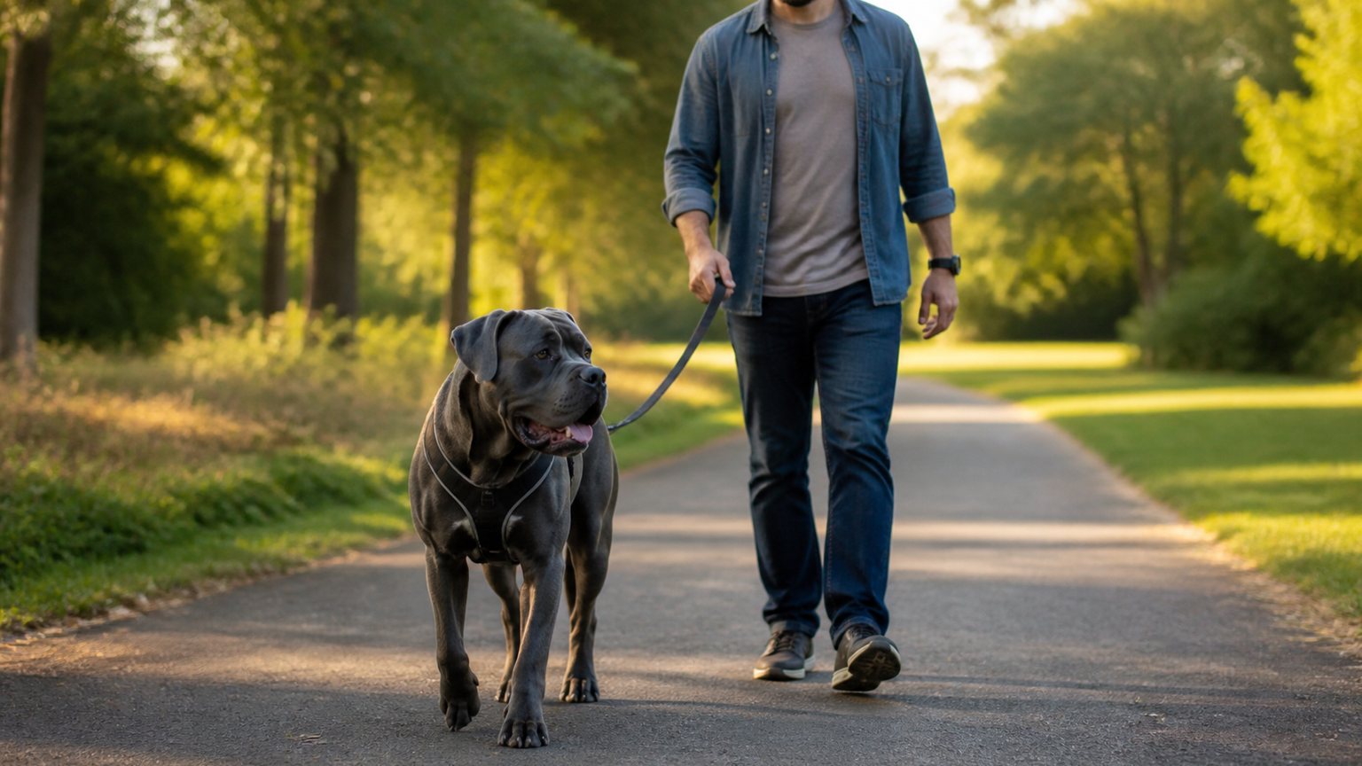 Cane Corso en promenade lente avec son maître pour préserver ses articulations