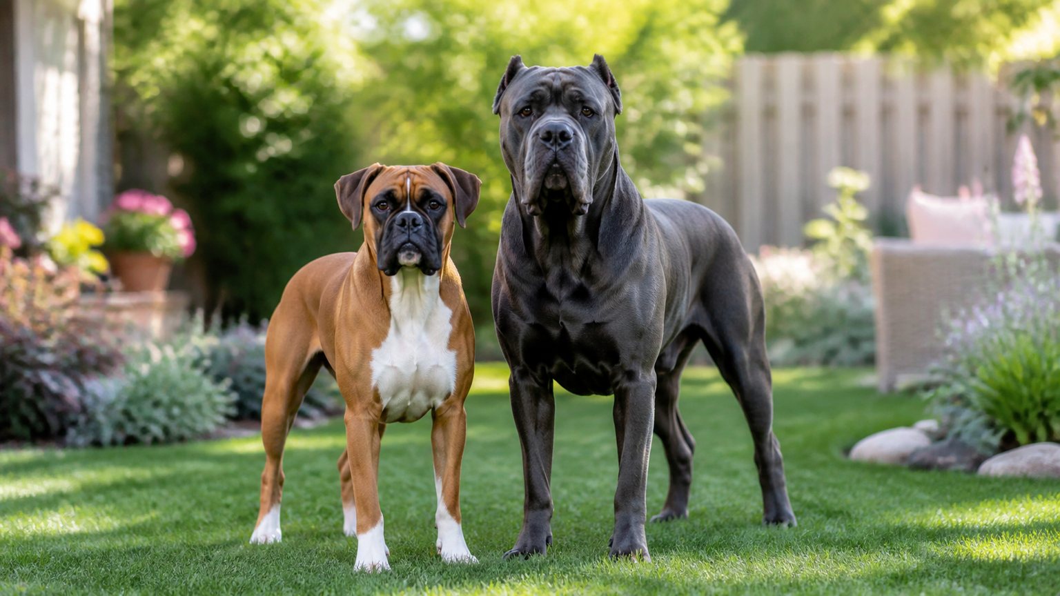 Boxer et Cane Corso côte à côte dans un jardin