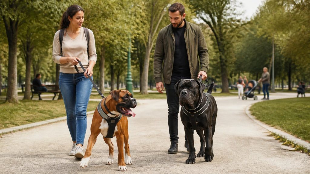 Boxer et Cane Corso en promenade encadrée