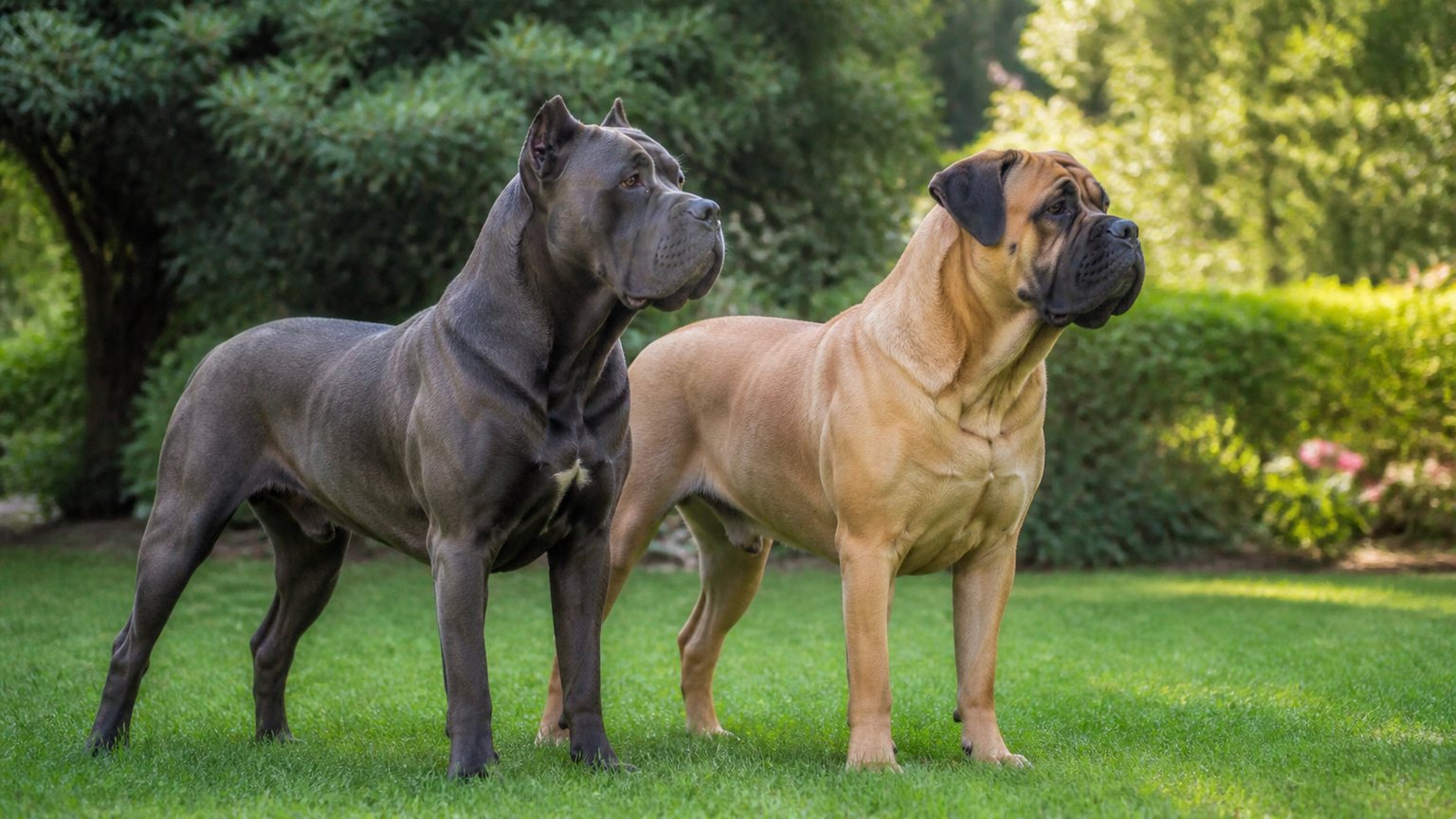Cane Corso et Bullmastiff calmes dans un jardin