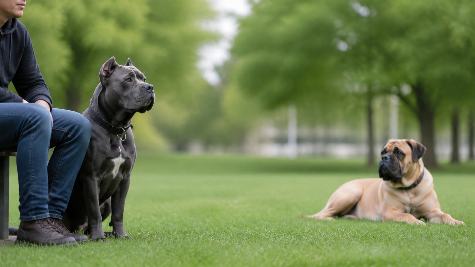 Cane Corso attentif et Bullmastiff posé en extérieur