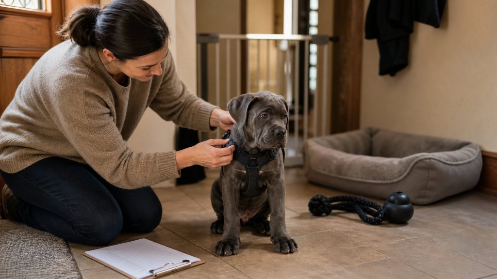 Préparation du harnais et de l’espace d’accueil pour un chiot Cane Corso
