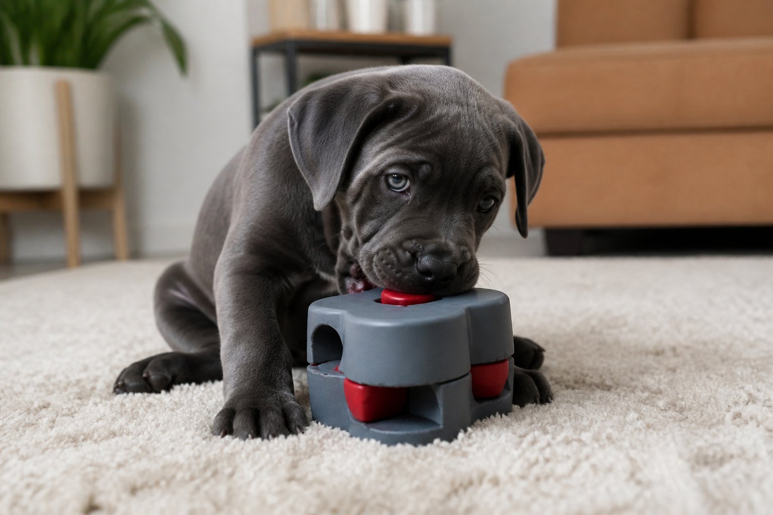 Chiot Cane Corso mâchant un jouet puzzle pour stimuler son intelligence