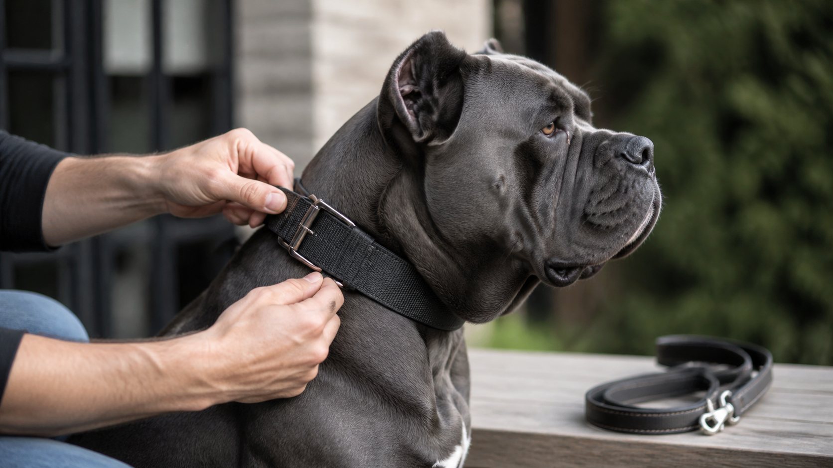 Vérification de la boucle et de l’ajustement du collier d’un Cane Corso
