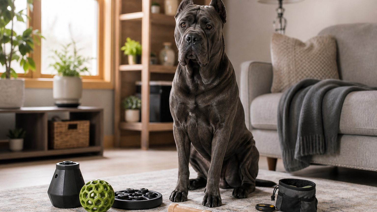 Cane Corso adulte calme avec jouets d’enrichissement