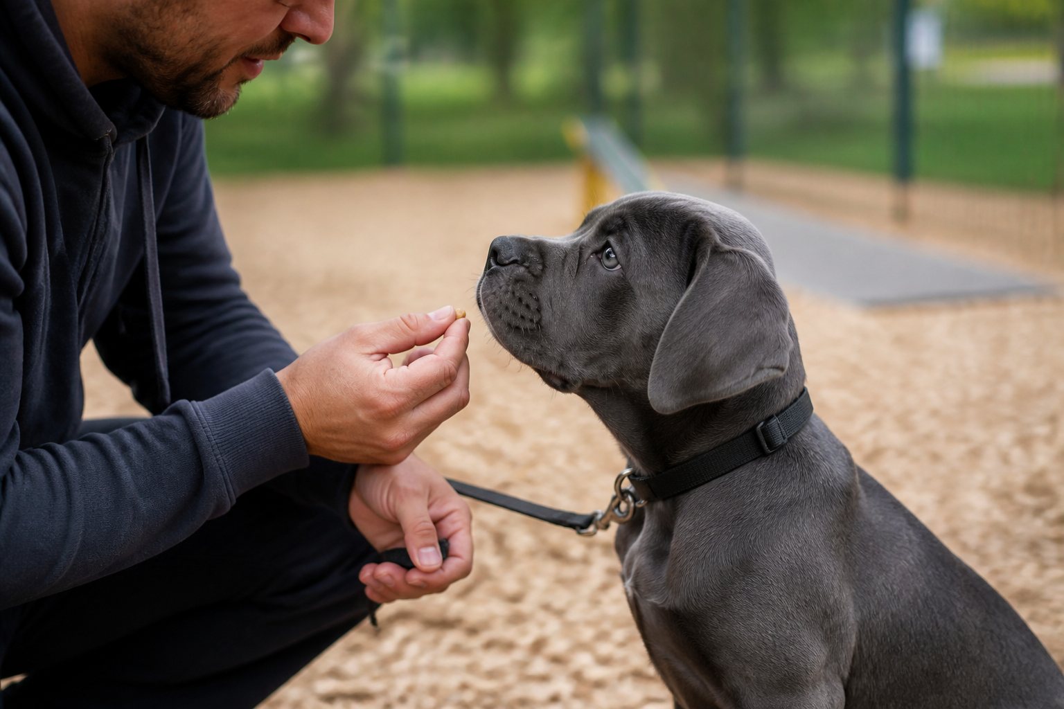 Chiot Cane Corso récompensé pendant un exercice d’éducation positive