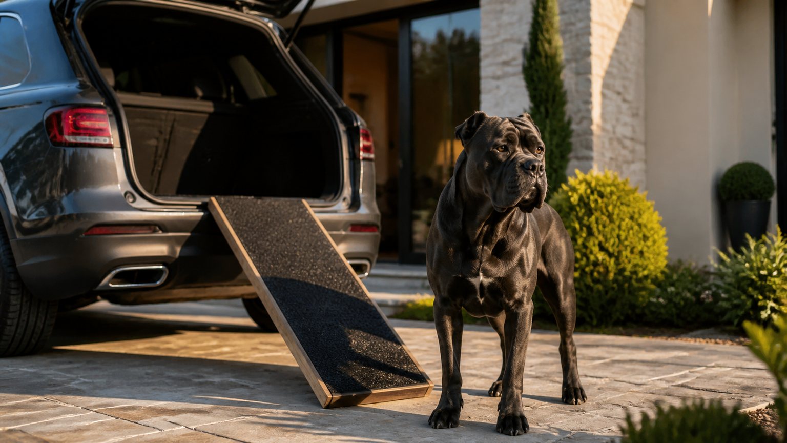 Cane Corso près d’une rampe antidérapante pour voiture