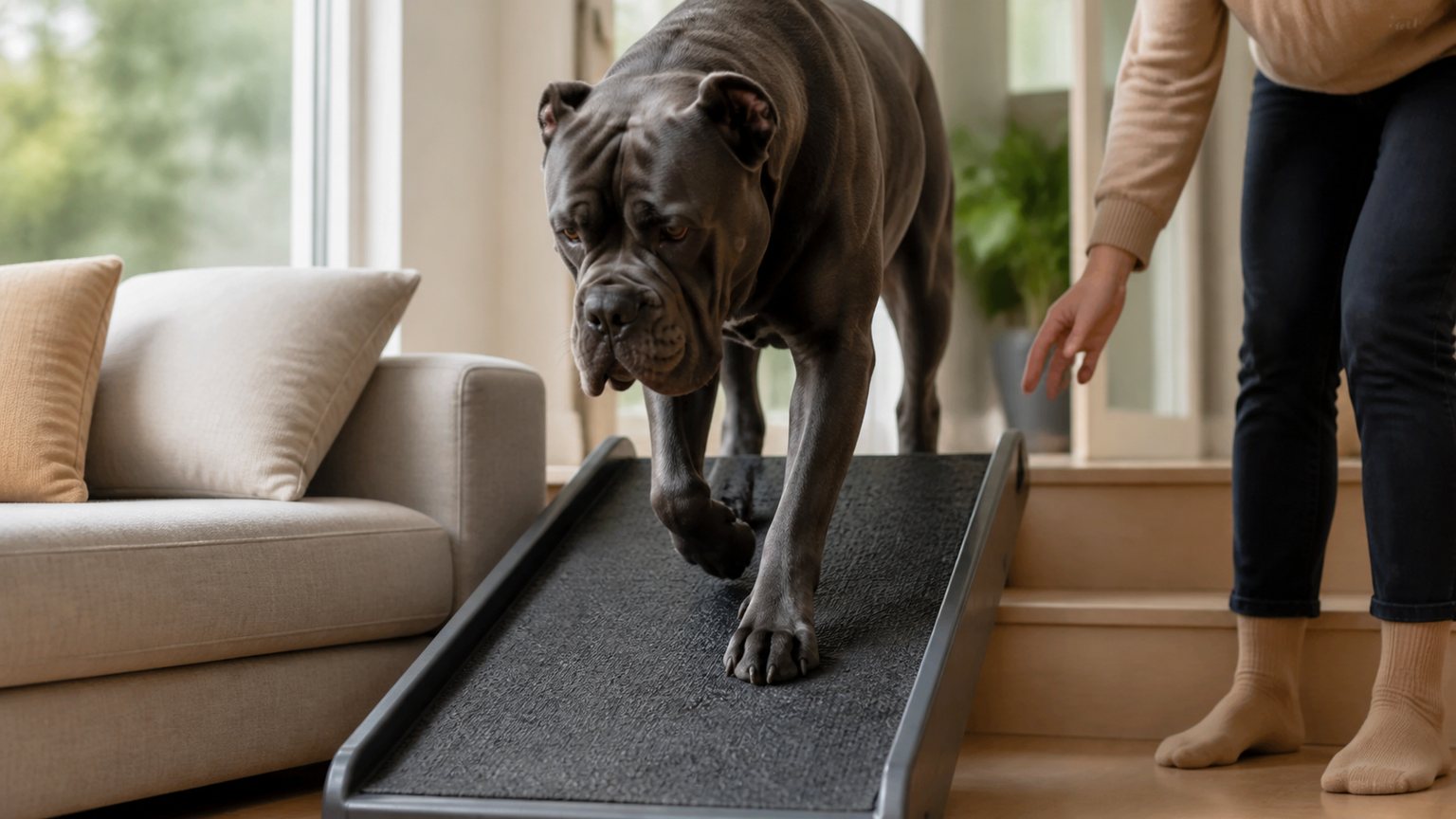 Cane Corso apprenant à utiliser une rampe intérieure antidérapante