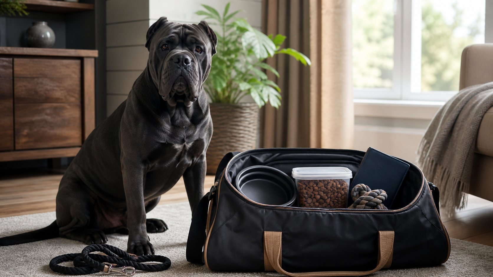 Sac préparé avec gamelle, laisse et affaires familières pour faire garder un Cane Corso