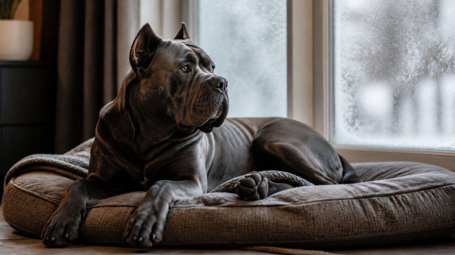 Cane Corso au repos sur un couchage chaud en hiver
