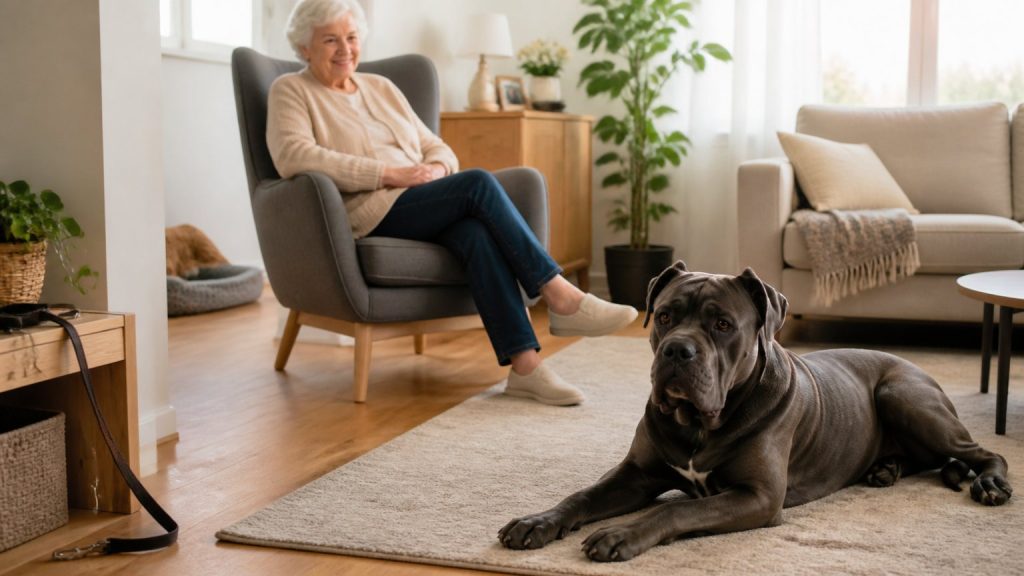 Cane Corso couché calmement dans un salon adapté à une personne âgée