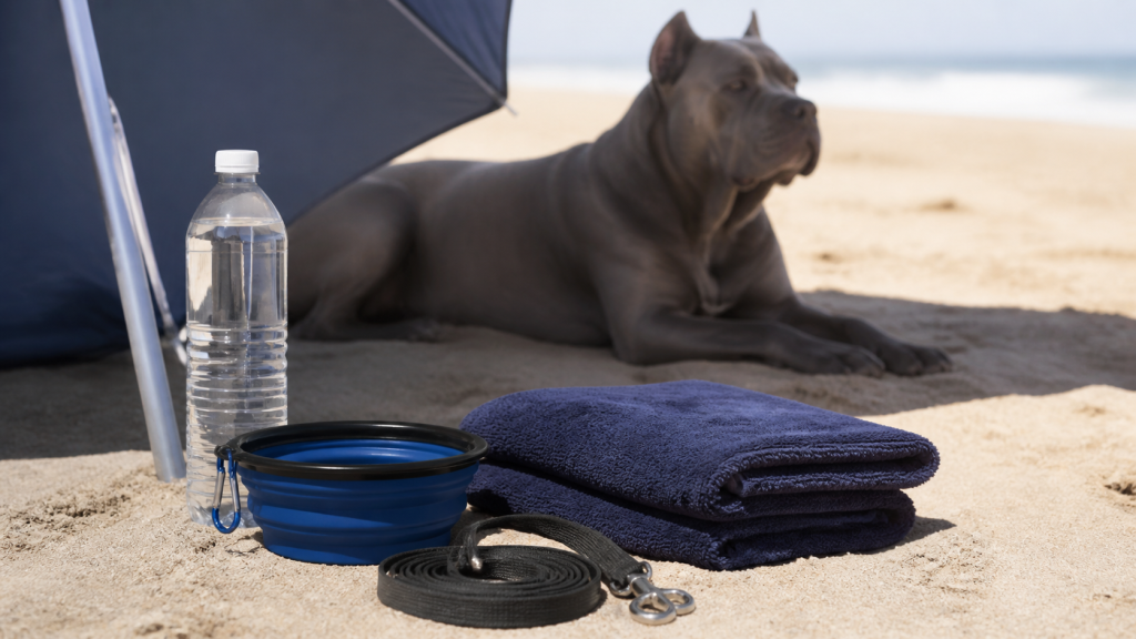 Kit de plage pour Cane Corso avec gamelle d’eau, longe et serviette