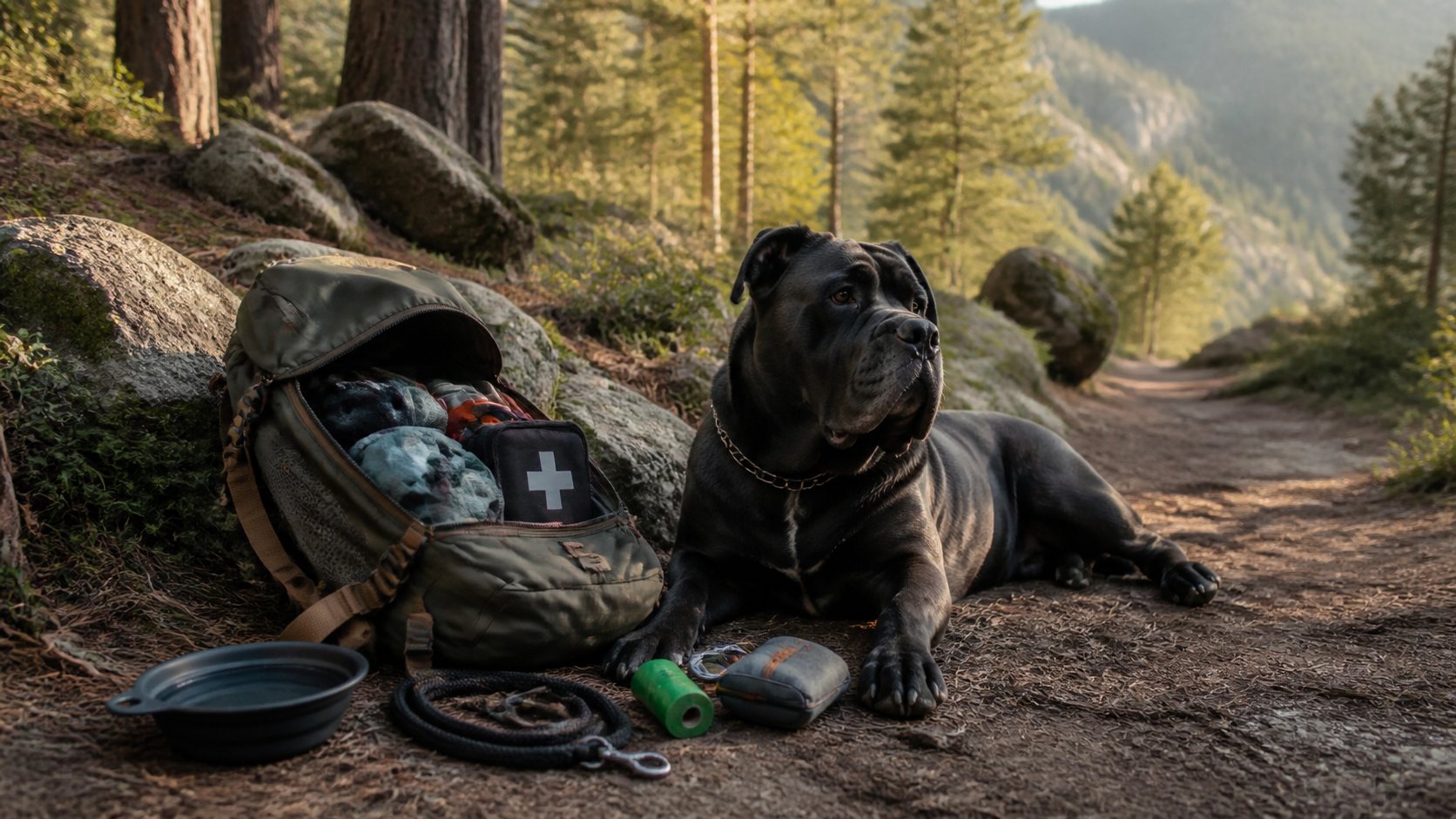 Sac de randonnée, eau et matériel pour partir avec un Cane Corso