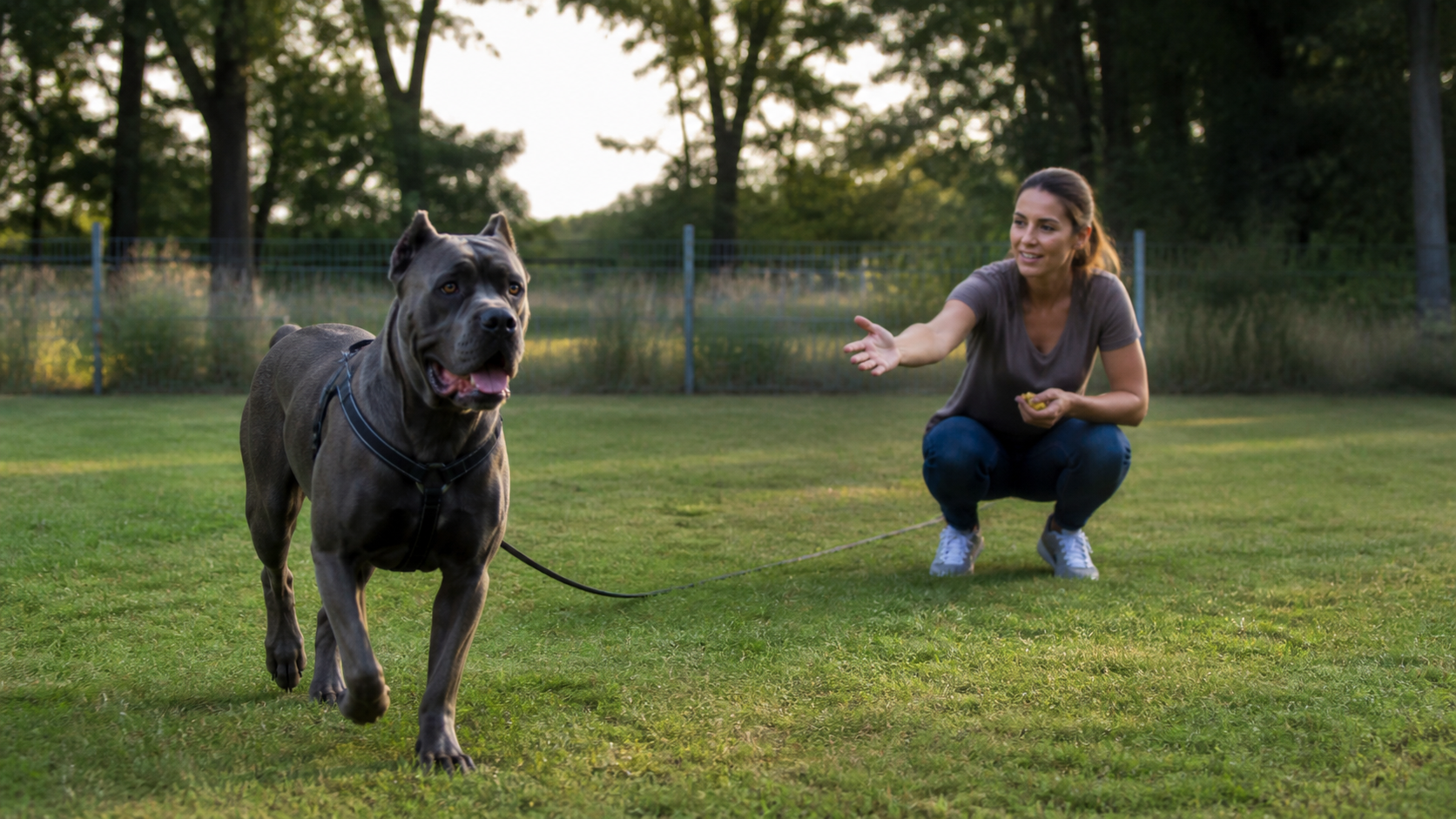 Cane Corso en longe dans un espace vert sécurisé