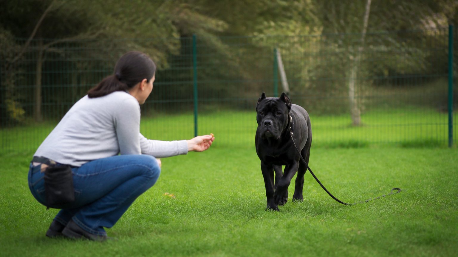 Cane Corso rappelé en longe dans un espace clôturé