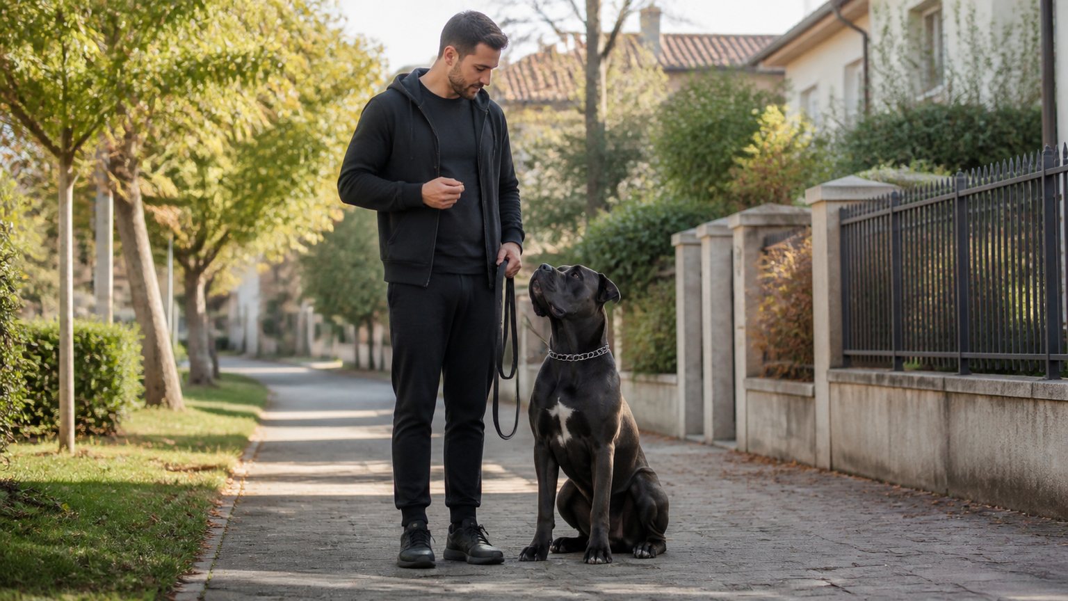 Cane Corso calme avec son maître en renforcement positif