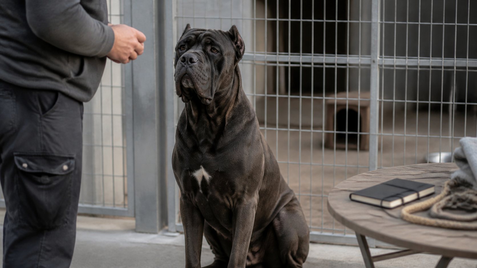 Cane Corso en refuge pendant une évaluation comportementale avant adoption