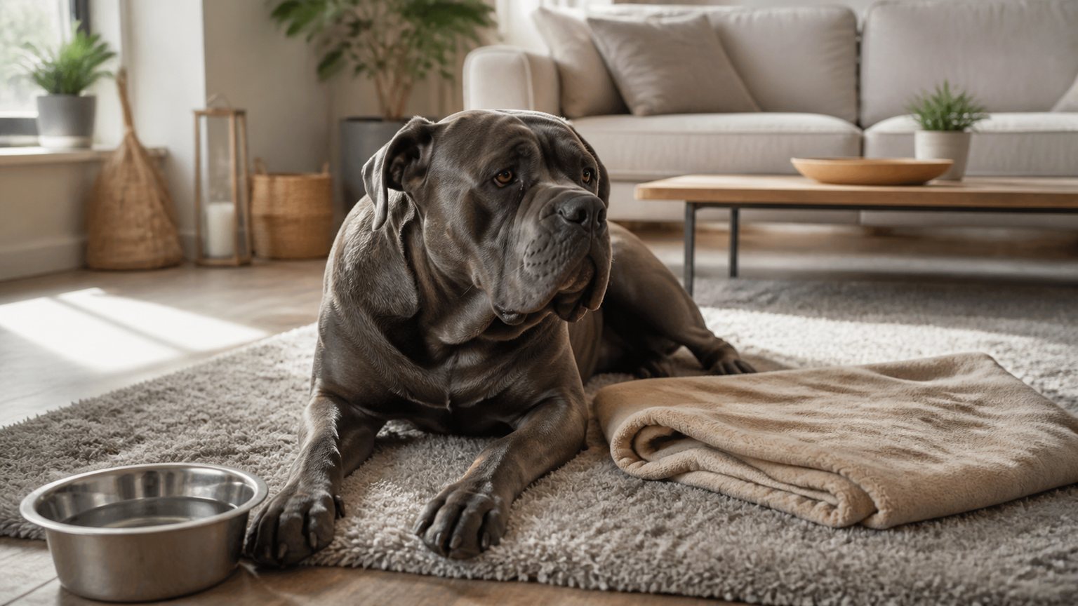 Cane Corso adulte au calme pendant sa période d’adaptation en famille