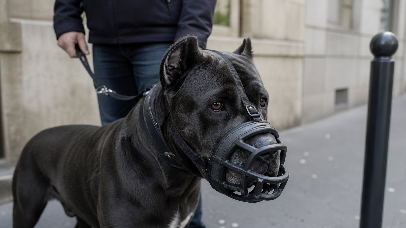 Cane Corso muselé tenu en laisse en promenade