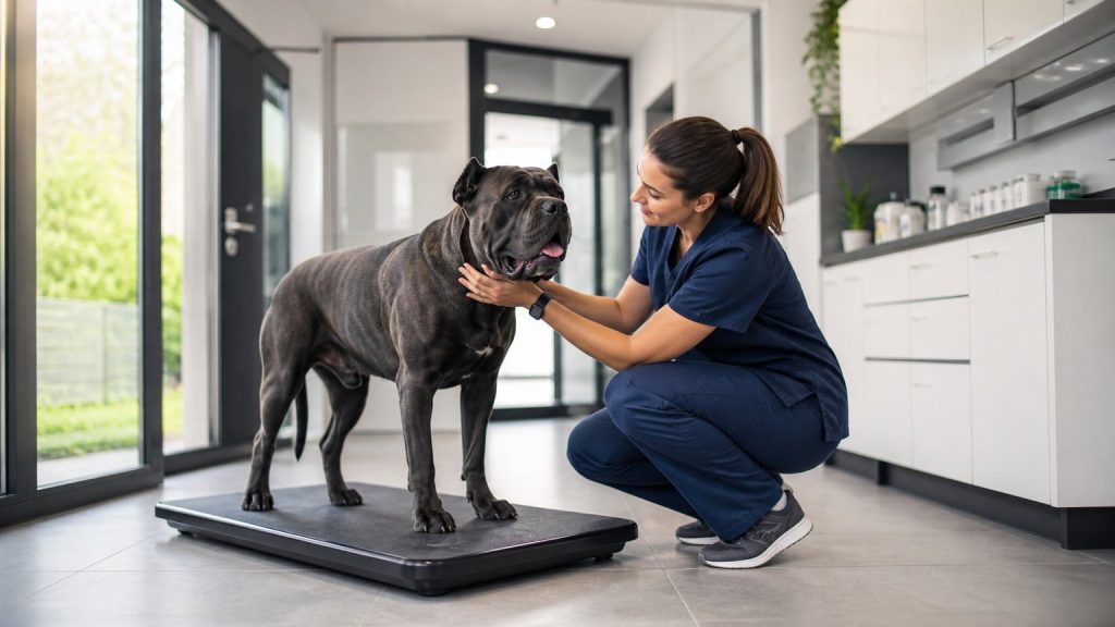 Cane Corso pesé lors d’un suivi vétérinaire du poids