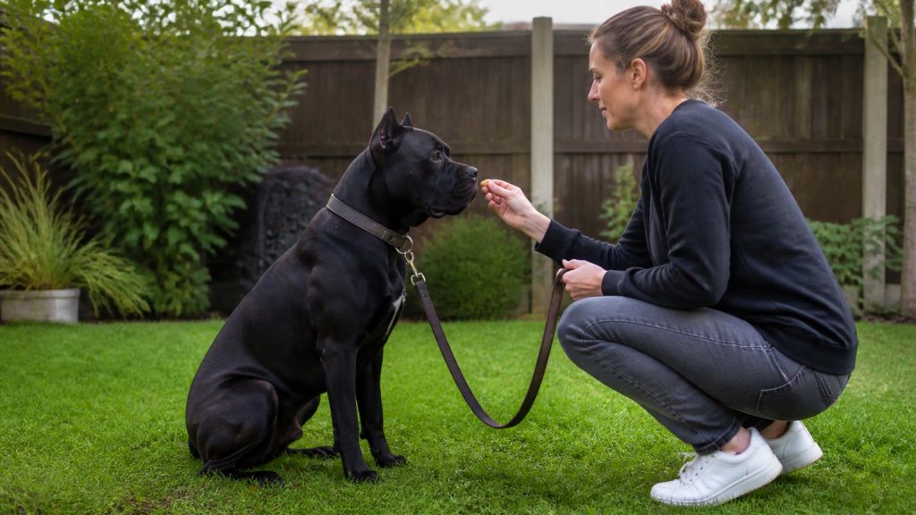 Séance d’éducation douce avec un jeune Cane Corso adulte