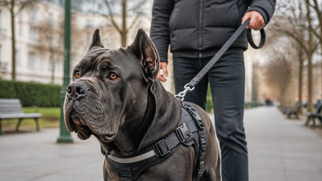 Cane Corso avec harnais robuste pendant une sortie en ville