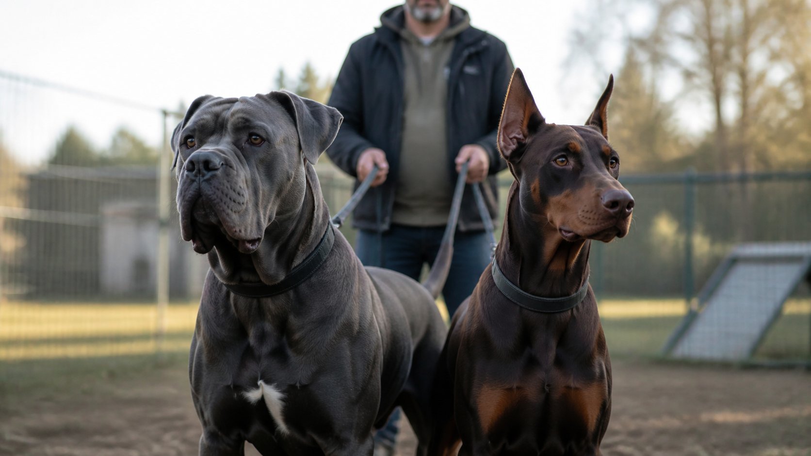 Dobermann et Cane Corso calmes lors d’une séance d’éducation