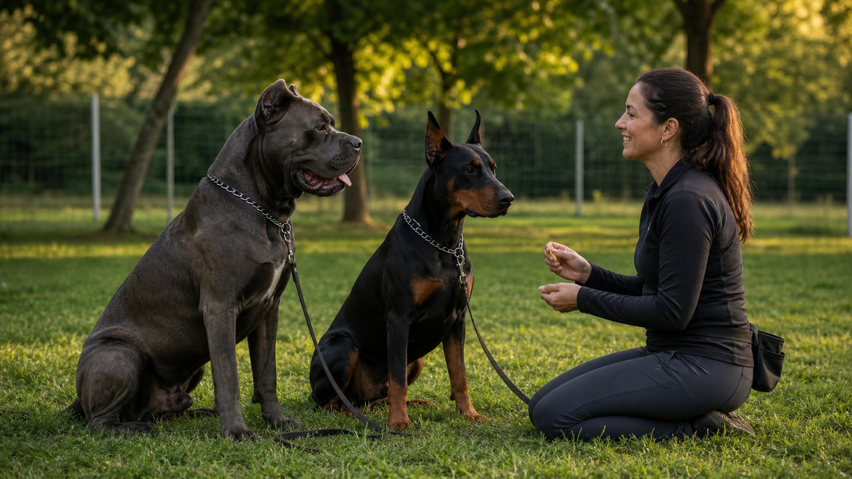 Éducatrice canine travaillant avec un Dobermann et un Cane Corso