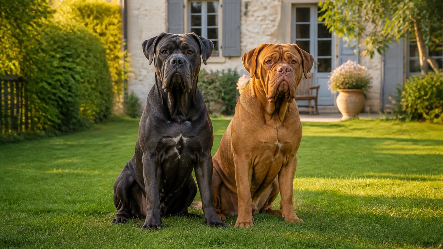 Cane Corso et Dogue de Bordeaux calmes dans un jardin familial