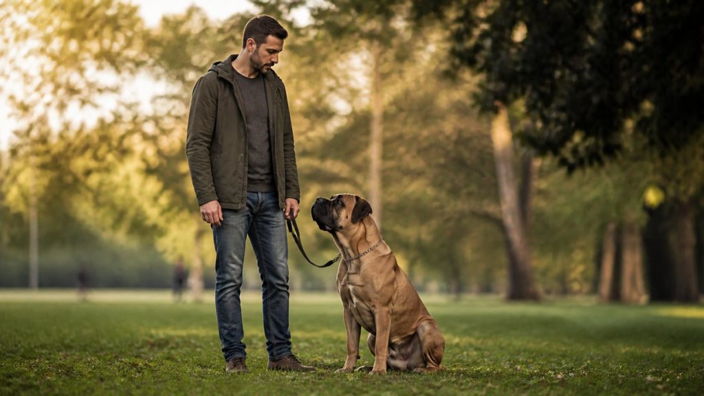 Grand chien calme tenu en laisse dans un parc familial