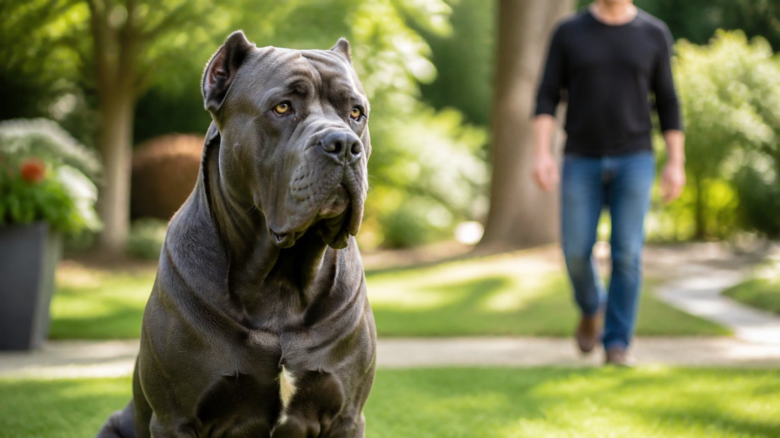 Grand chien calme assis dans un jardin familial