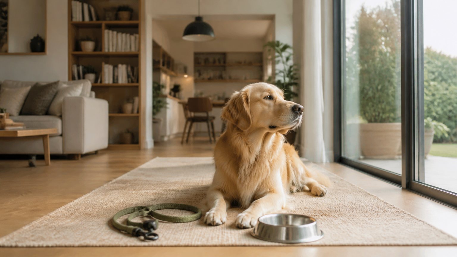 Grand chien calme couché dans un intérieur familial spacieux