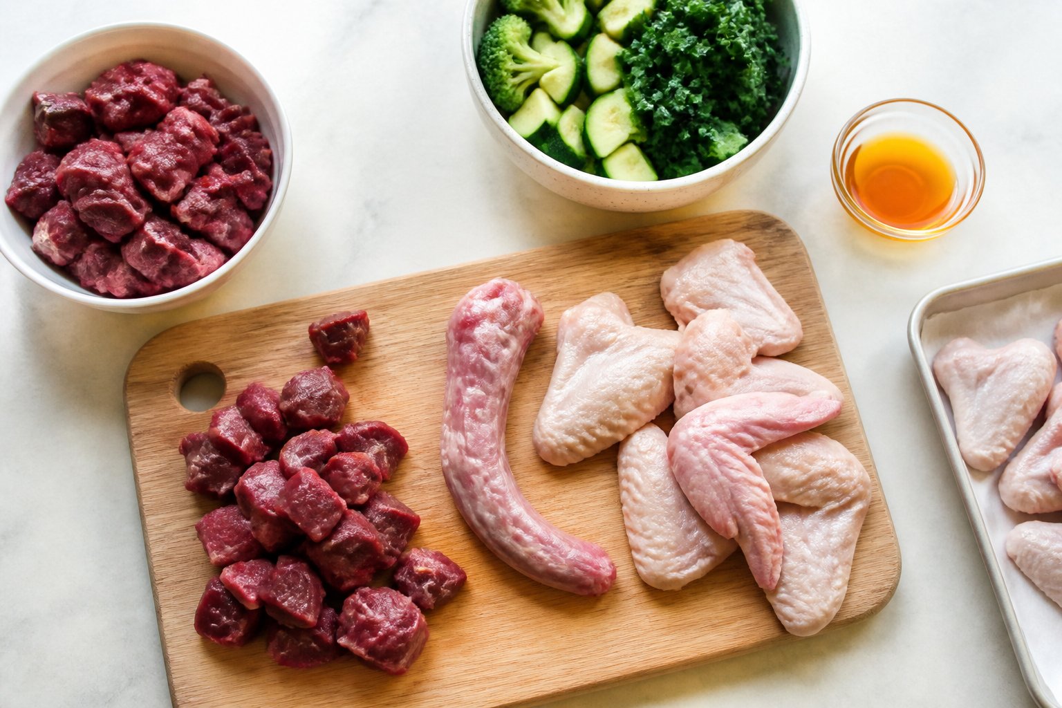 Portions de viande crue et légumes pour alimentation BARF