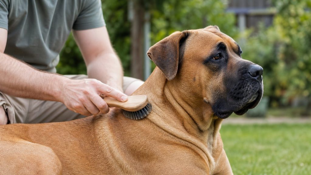 Brossage du pelage brun d’un Cane Corso