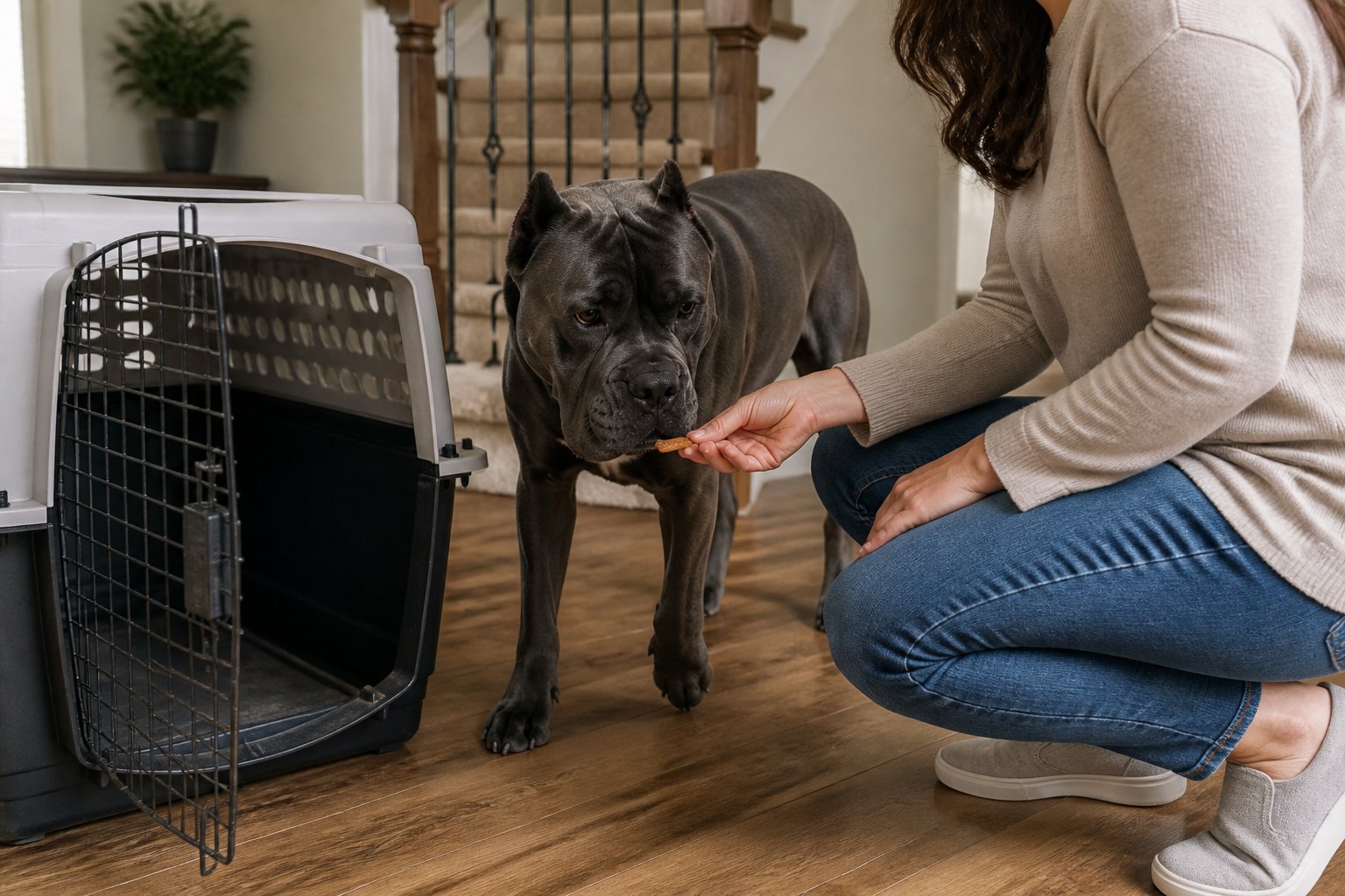Habituation progressive d'un Cane Corso à sa caisse de transport