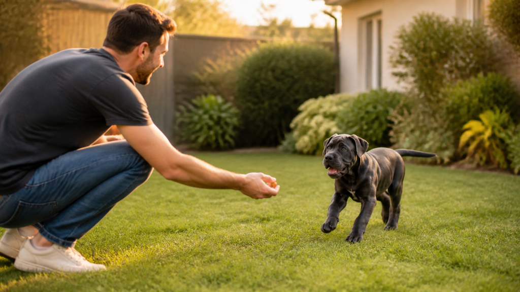 Chiot Cane Corso revenant vers son maître lors d’un exercice de rappel positif