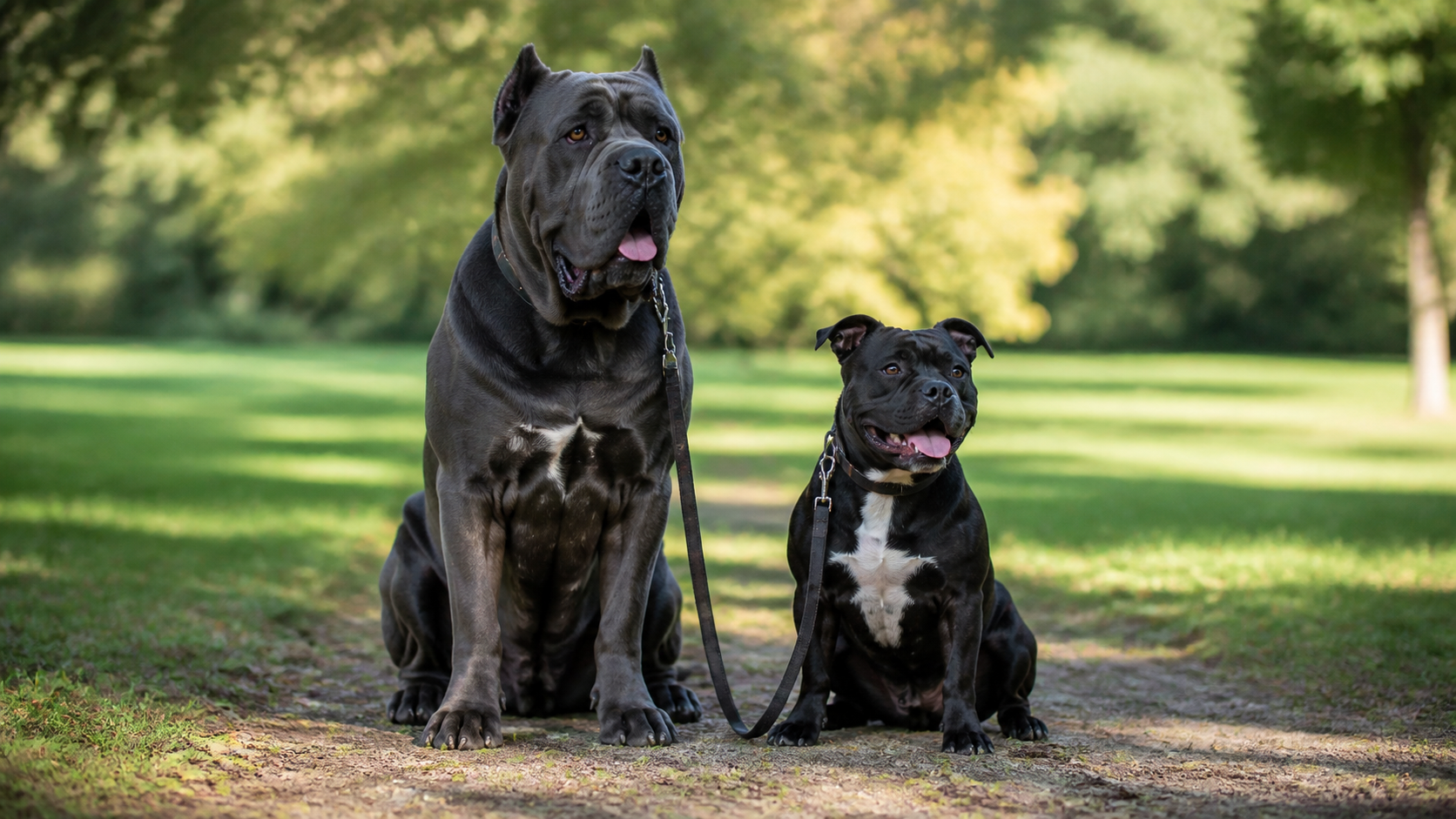 Staffie et Cane Corso assis côte à côte dans un parc