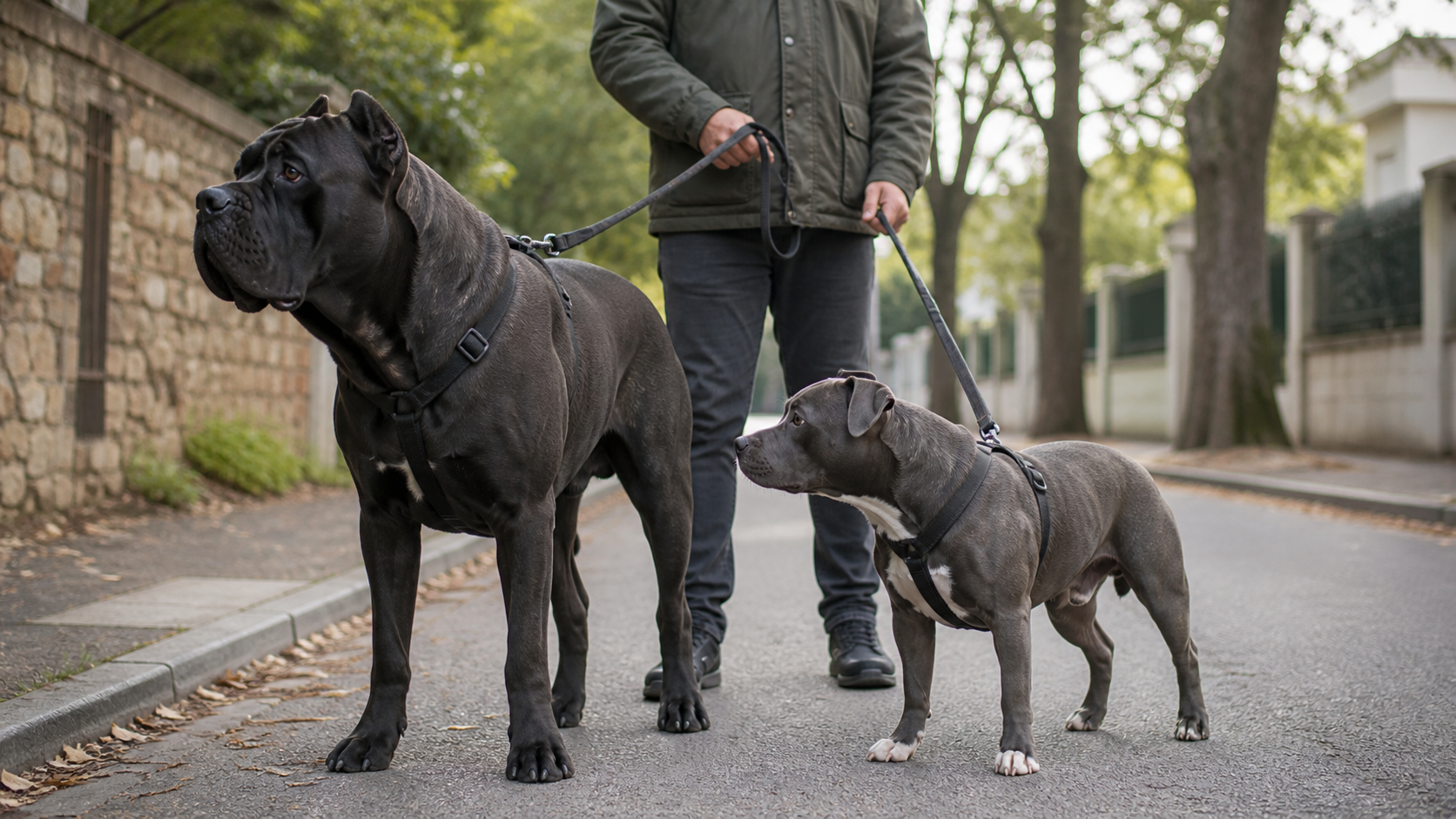 Cane Corso et Staffie tenus en laisse pendant une promenade