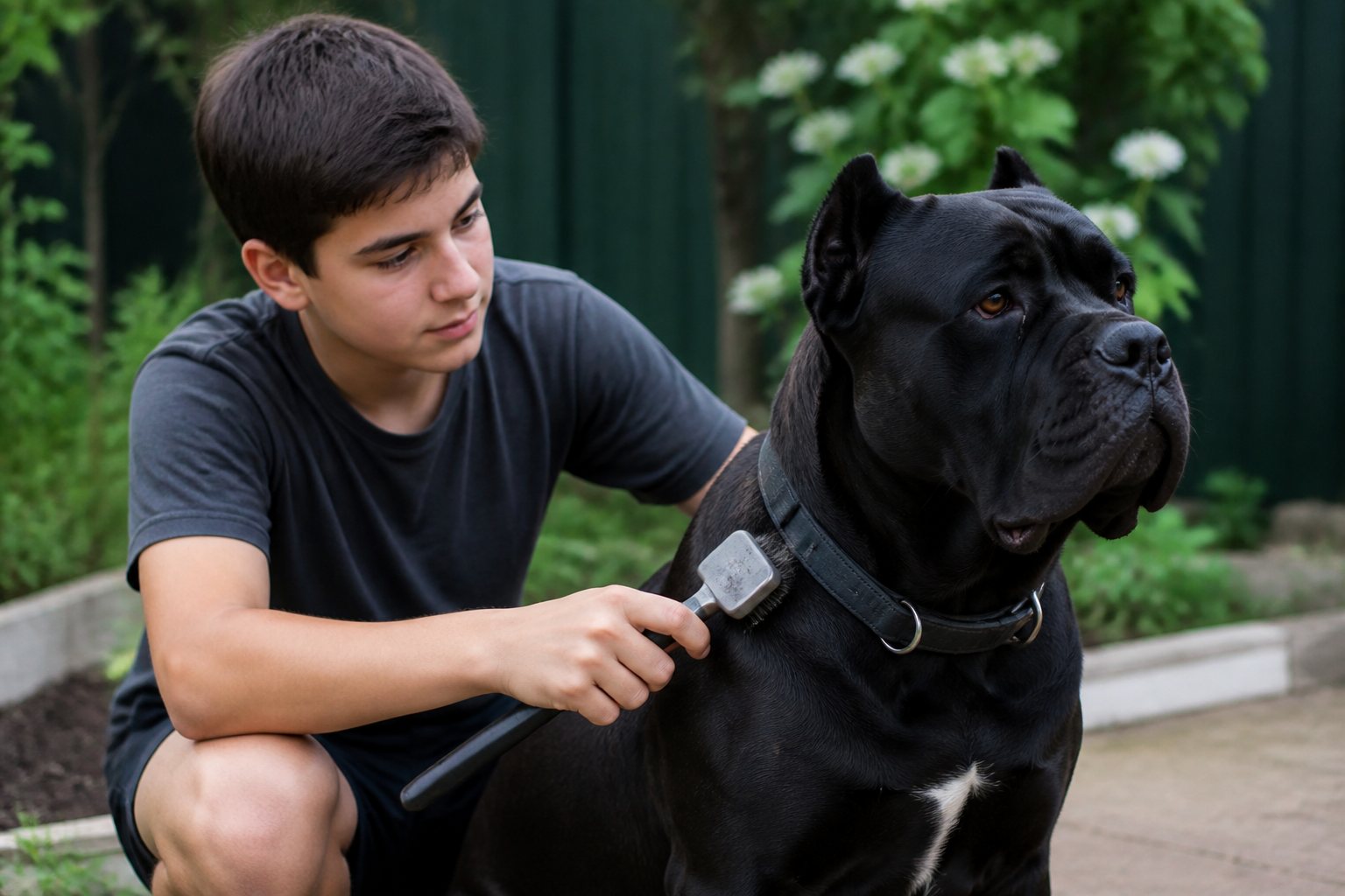 Adolescent brossant un Cane Corso au quotidien