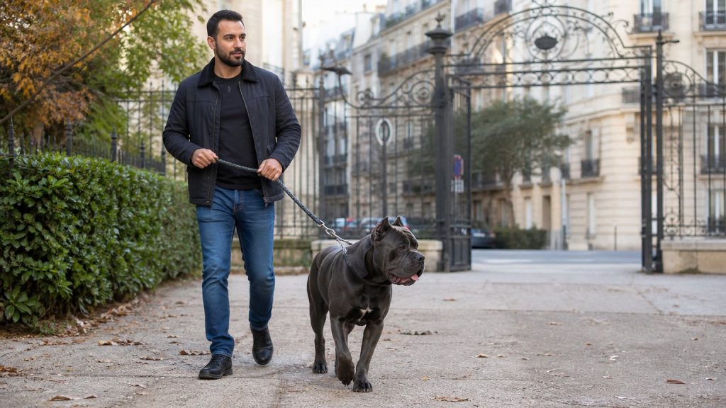 Cane Corso tenu en laisse de façon responsable lors d’une promenade