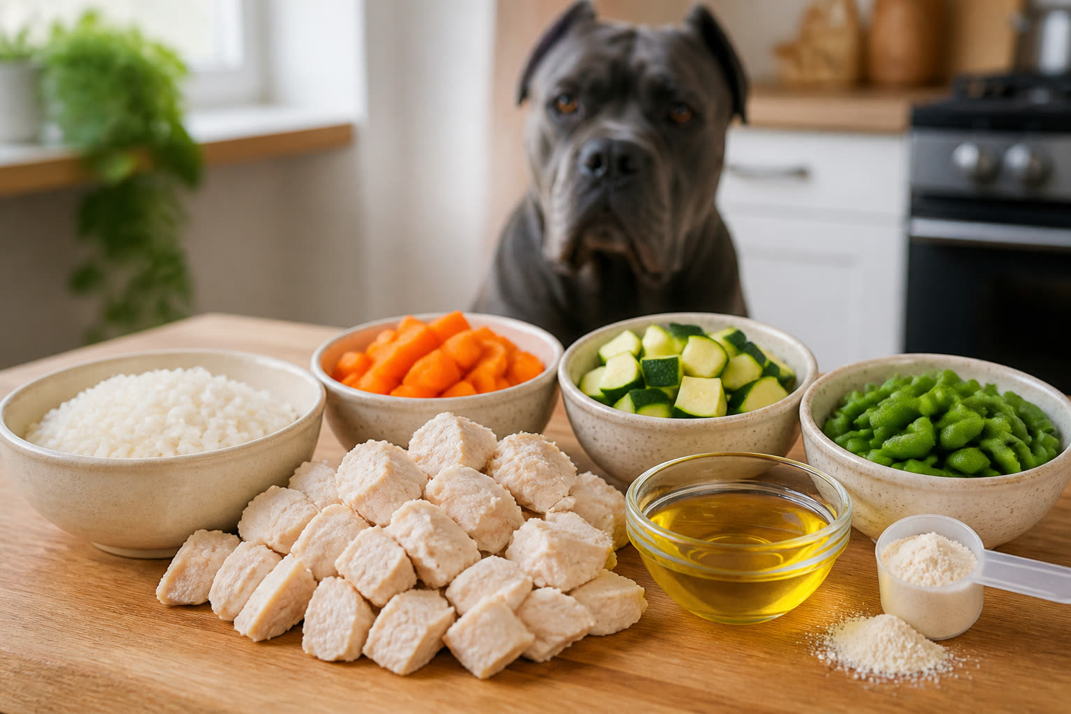 Ingrédients frais pour préparer une ration ménagère de Cane Corso