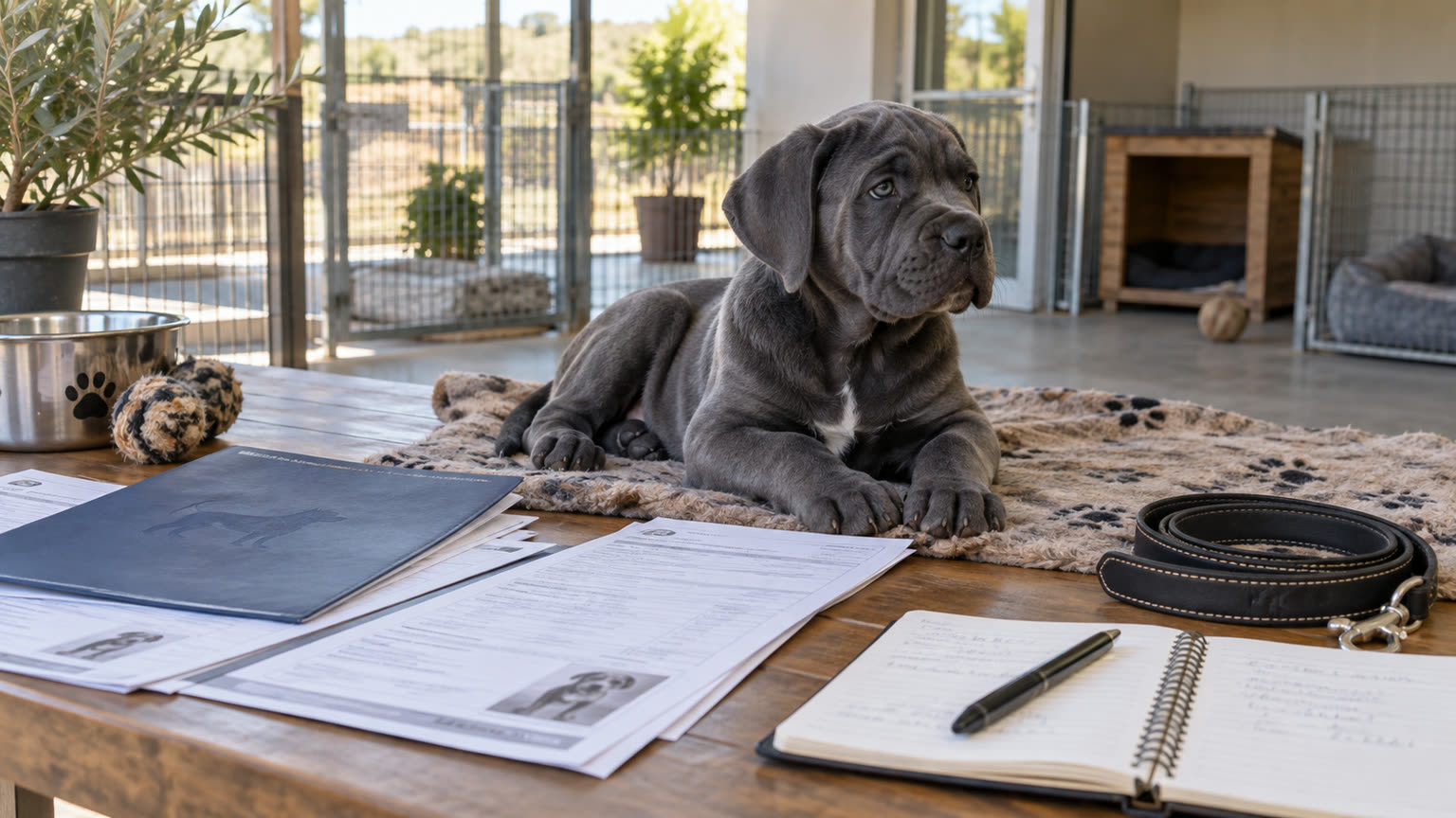 Documents et carnet de notes pour préparer l’achat d’un chiot Cane Corso