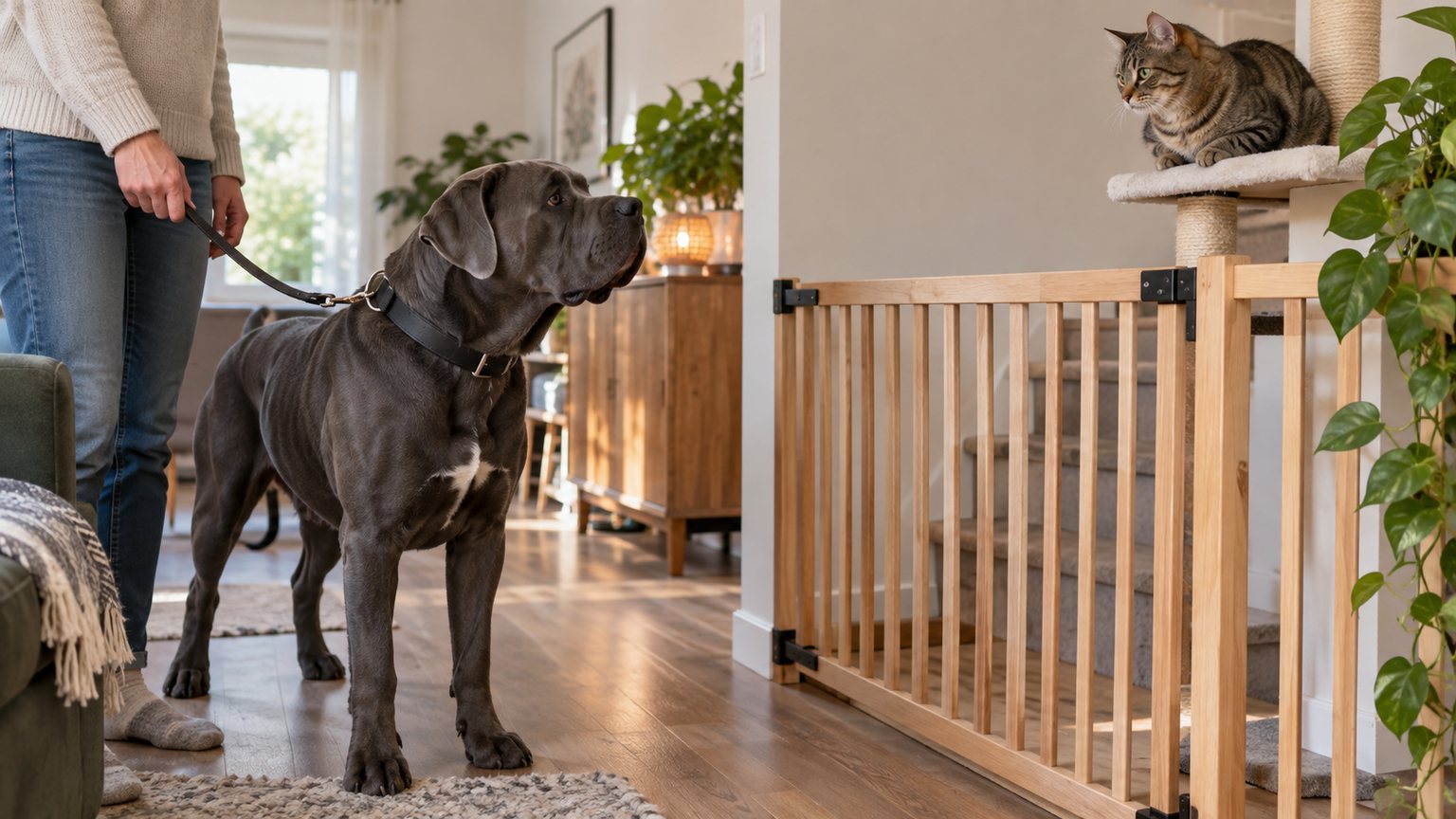 Cane Corso tenu en laisse devant un chat adulte protégé par une barrière