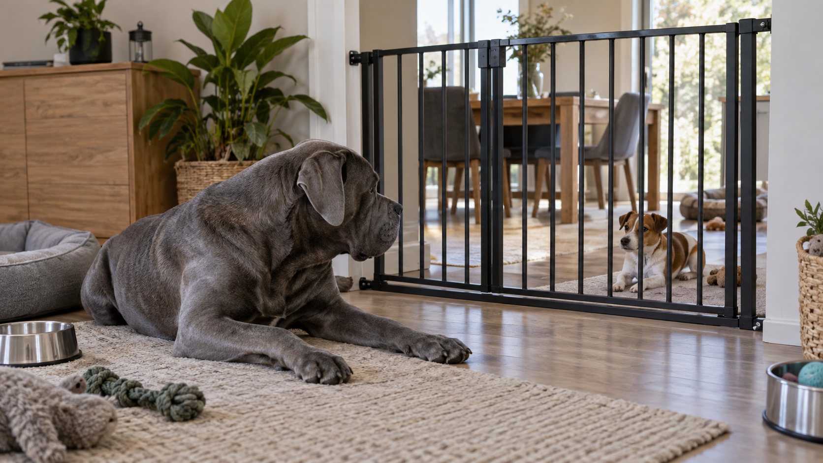 Deux chiens séparés par une barrière de sécurité à la maison