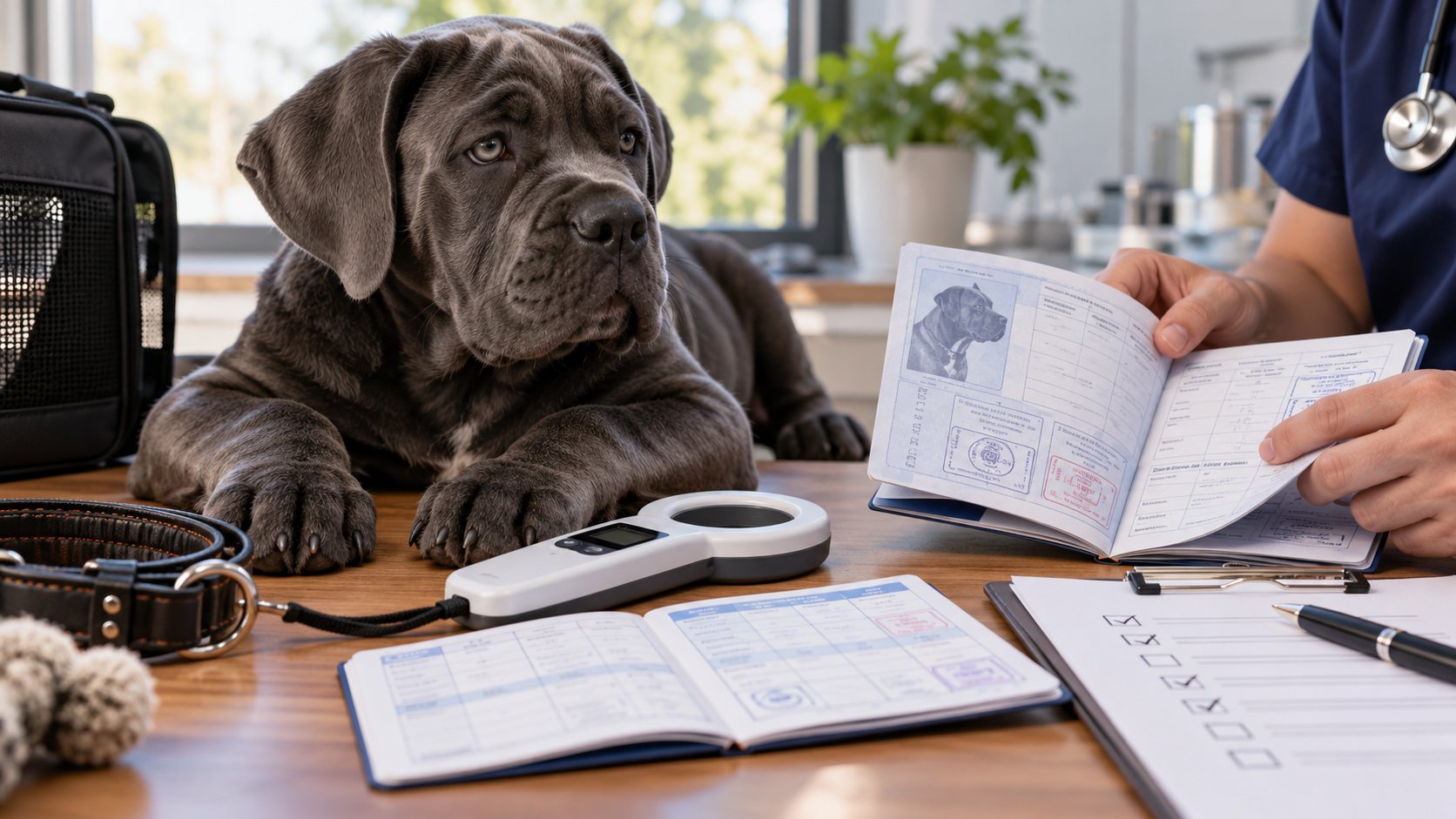 Cane Corso avec passeport, documents sanitaires et contrôle vétérinaire
