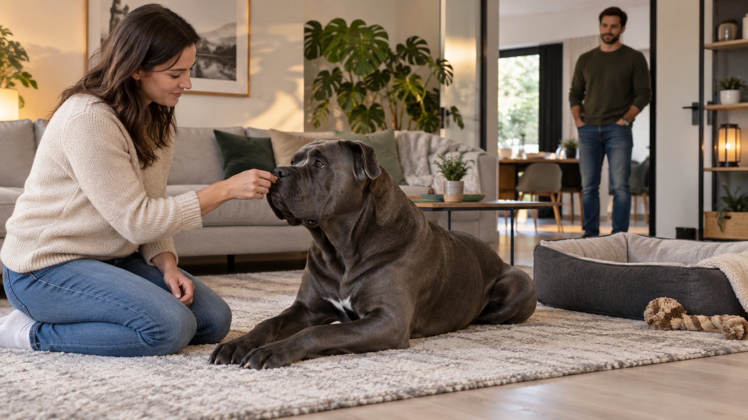 Cane Corso couché pendant un exercice de calme avec un visiteur