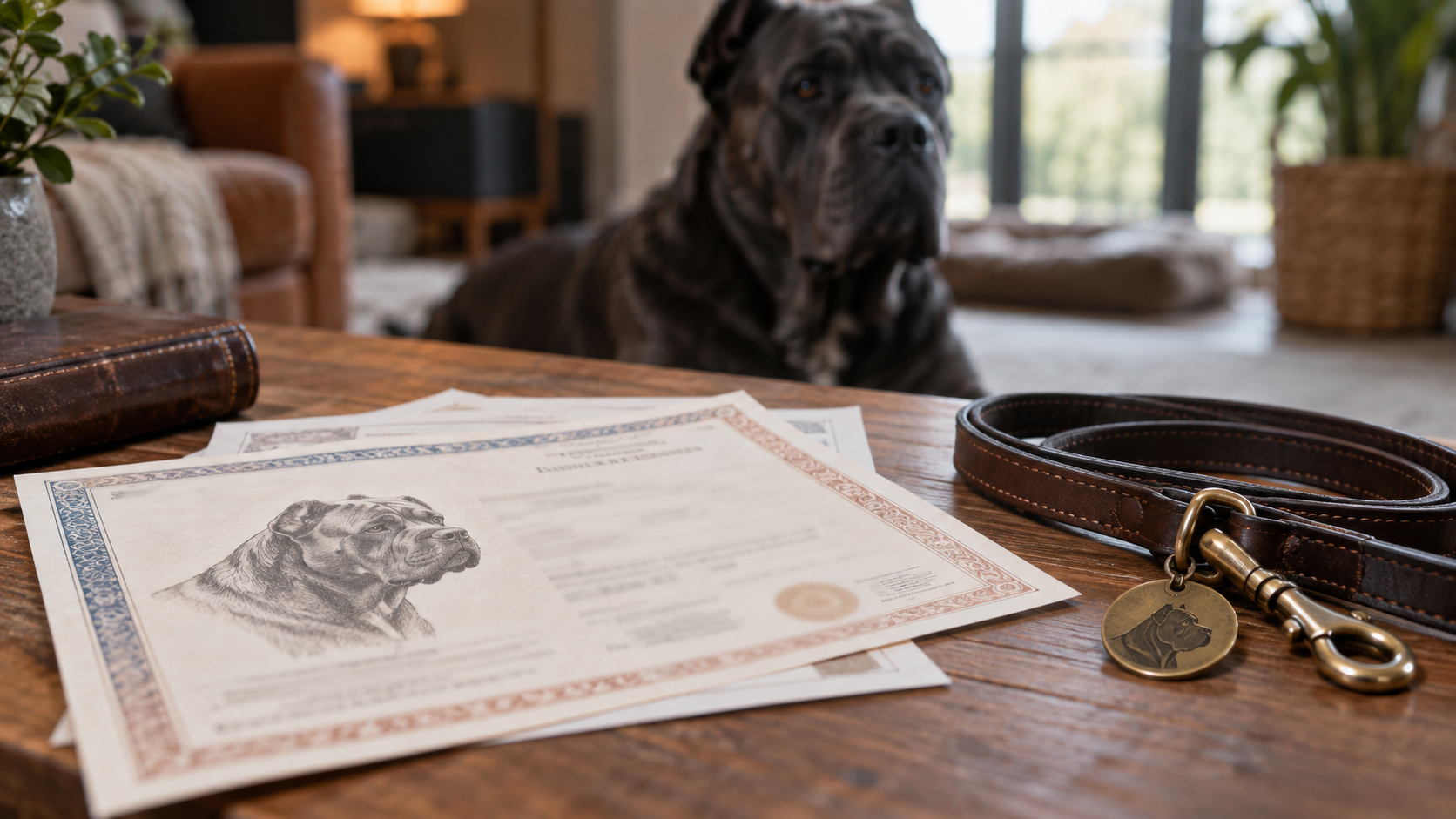 Documents et laisse préparés avant une séance de confirmation LOF pour Cane Corso