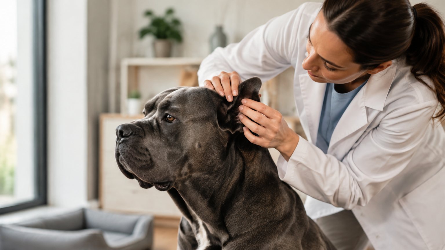 Cane Corso calme pendant l’inspection douce de ses oreilles